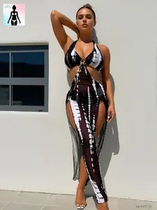 Aura Swim Women's Abstract Print 3-Piece Halter Bikinis Set - Flattering Cutout Bathing Suit, Sheer High-Slit V-Neck Cover Ups Swimsuits for Beach, Pool Party | Women's Swimsuits