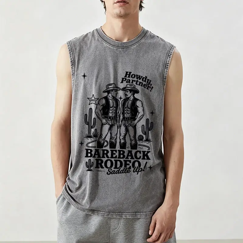 Vintage Washed Tom Of Finland Denim CP Graphic Tank Top Sleeveless Muscle Vest Regular Fit Sexy Unisex Casual Daily Adult Trendy Streetwear Summer Fashion Top