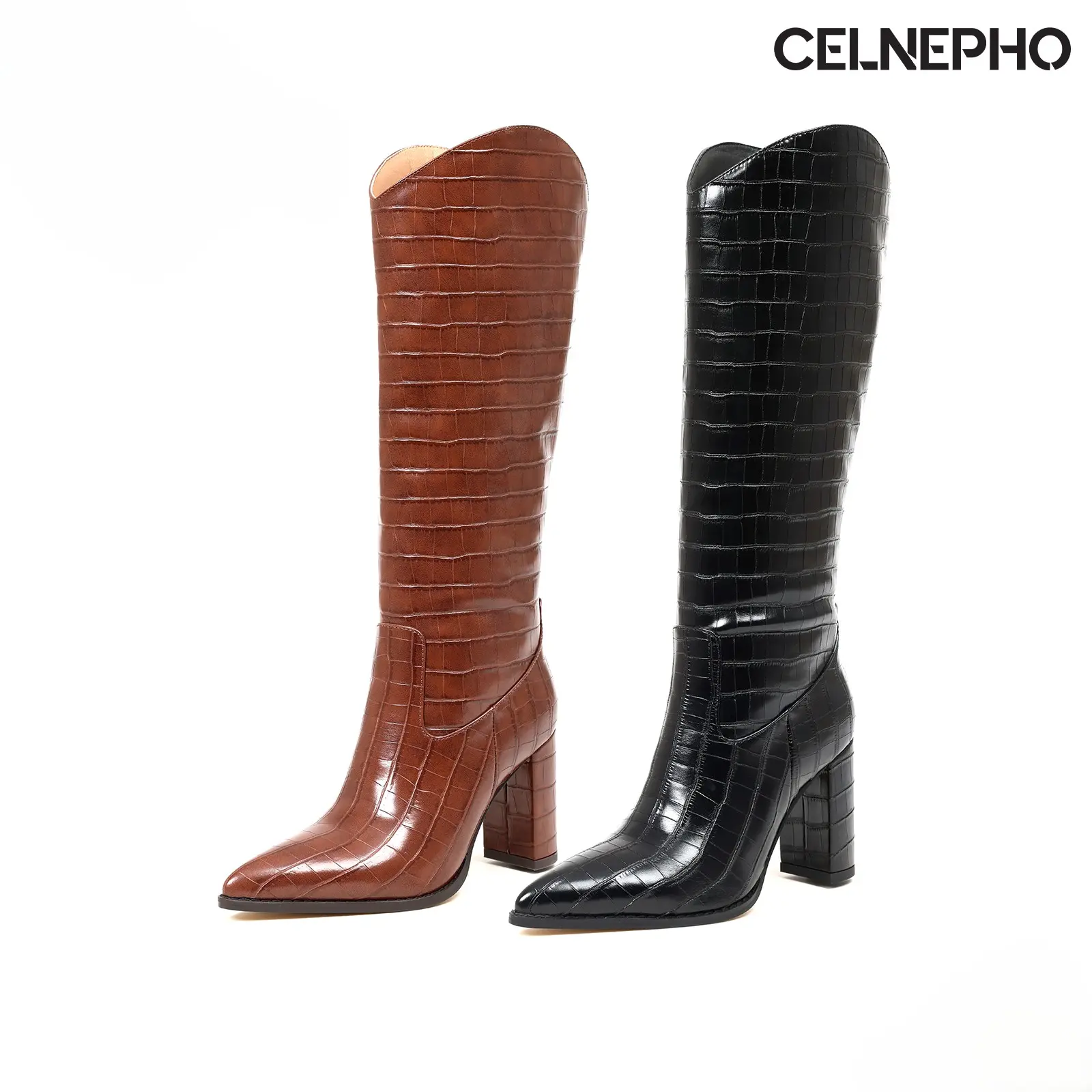CELNEPHO Womens Knee High Boots Pointed Toe Chunky Block Heel Crocodile Booties Side Zipper Closure Tall Boot Easy Pull on Fashion Boots Party Wear Work Casual Gift Outdoor Events Dress Shoes