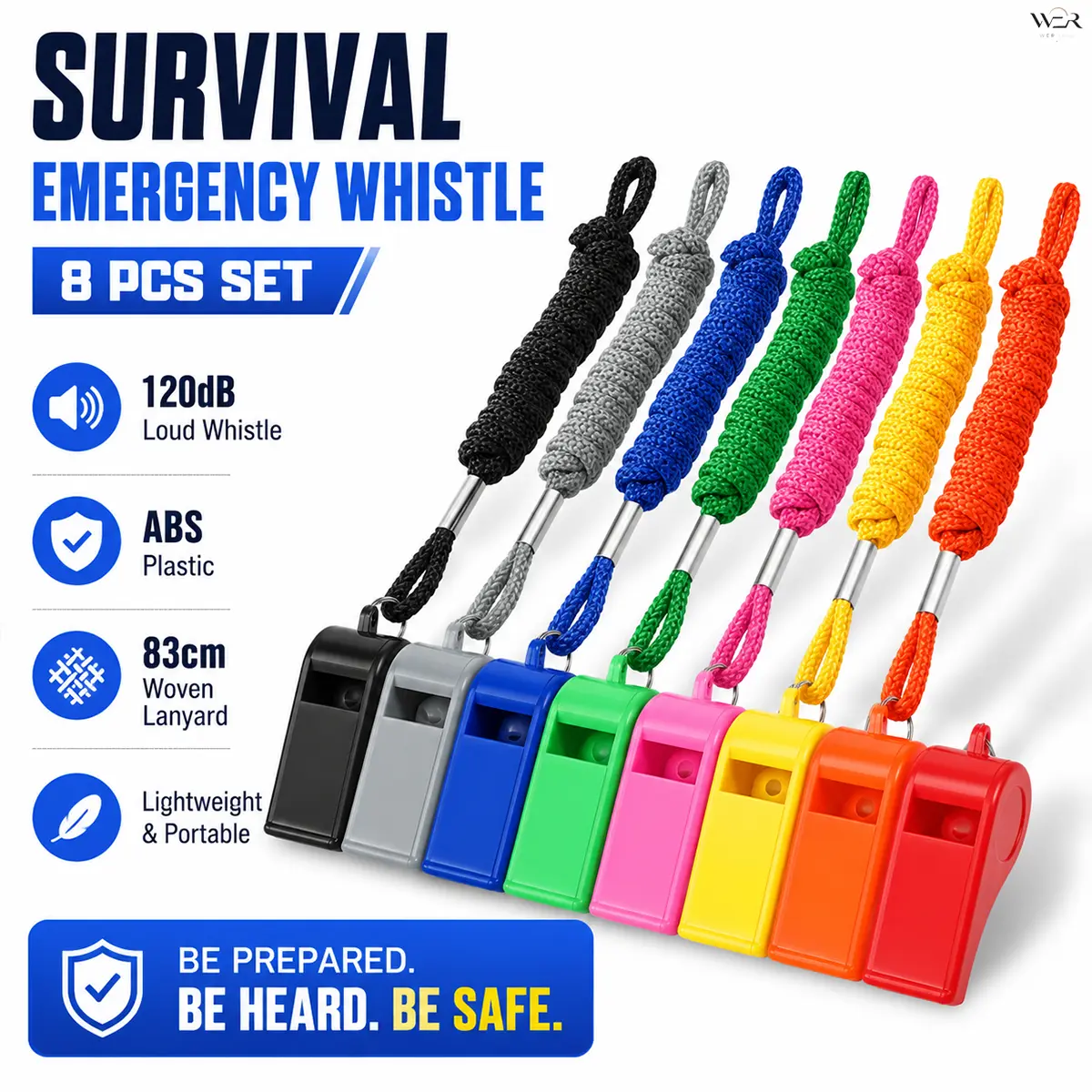 8-Piece Vibrant Plastic Whistle Set, Unisex Emergency Kit with Lanyards, 120dB Loud Sound Alarm for Outdoor Safety and Everyday Use