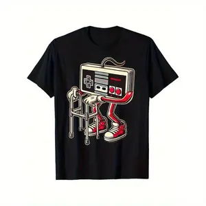 100% Cotton Men'S And Boys Retro Gaming Pattern T-Shirt - Fun Old Video Game Console Design, Black Casual T-Shirt With Red Sneakers And Cable Detail, Short Sleeves, Crew Neck, Machine Washable Golf Gift T-Shirt For Men And Women
