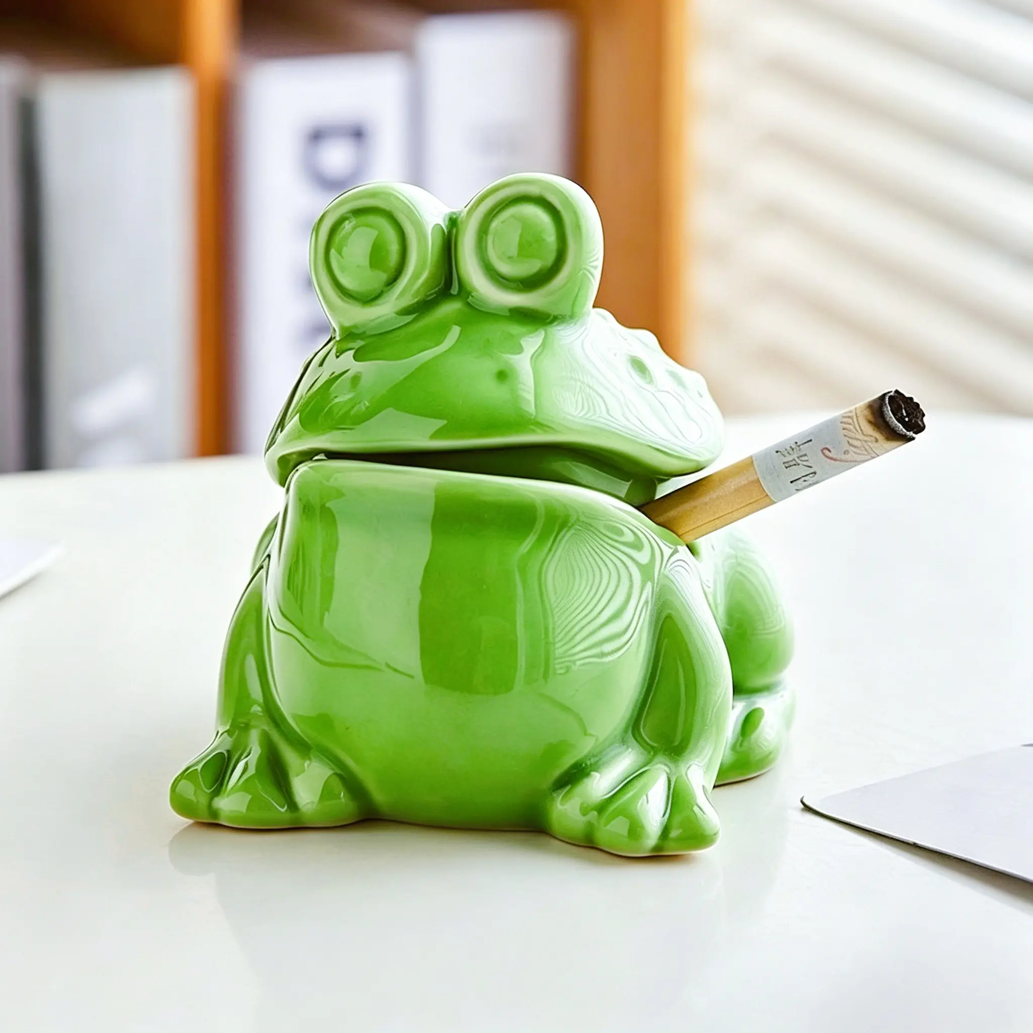 Cute Ceramic Frog Ashtray with Lid - Windproof Ash Tray for Indoor & Outdoor Patio Porch - Creative Desk Ornament for Office & Home Decor - Unique Adorable Birthday, Father's Day & Christmas Gift Idea for Smokers, Men & Women