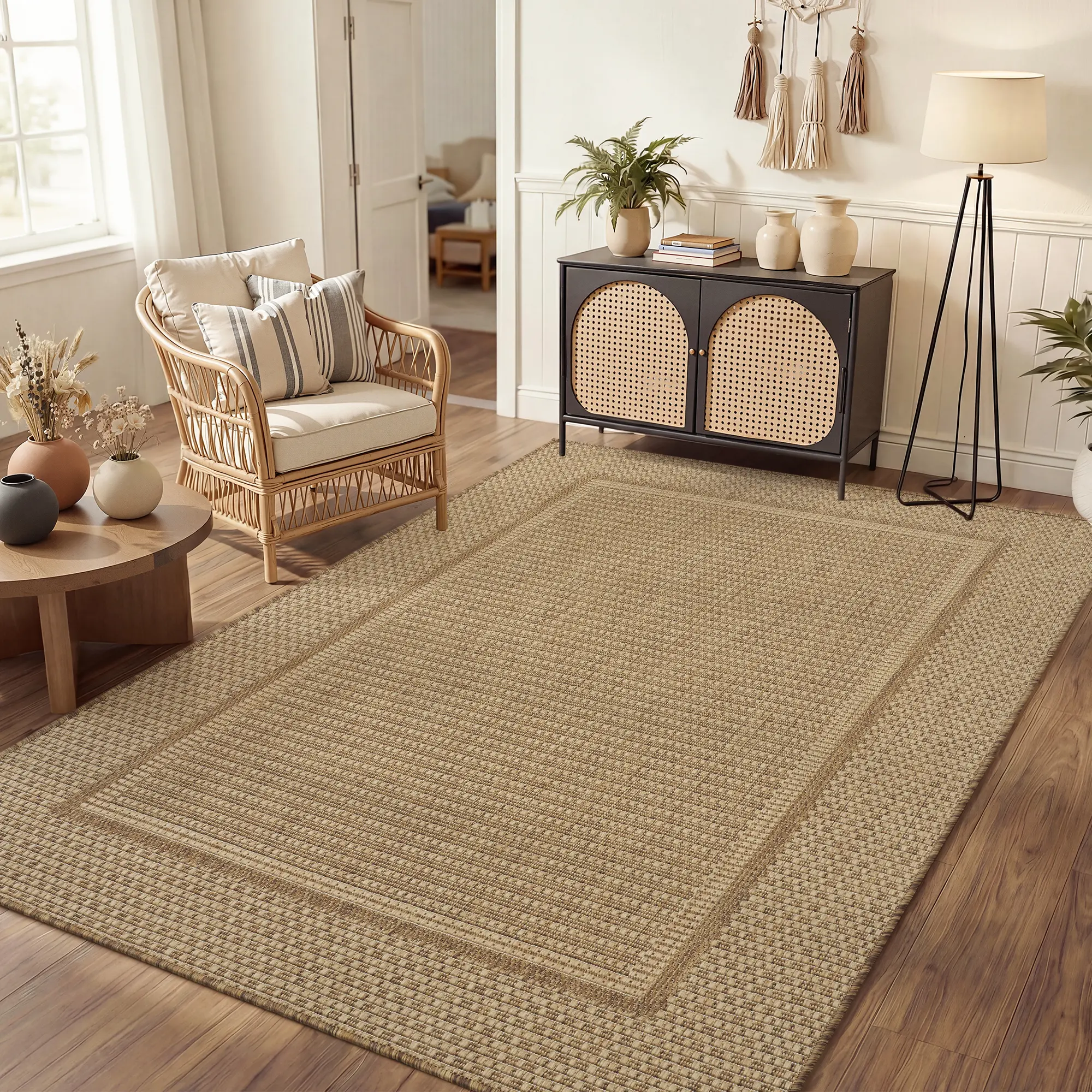 Amoami Boho Modern Area Rug, Flatweave Geometric Pattern, Durable Polypropylene Indoor/Outdoor Carpet for Patio, Balcony, Living Room