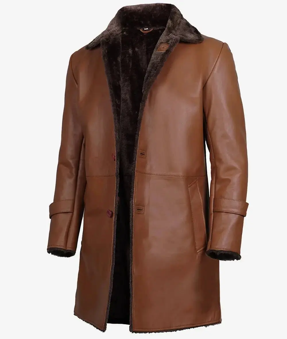 3/4 Length Cognac Brown Shearling Leather Coat 3/4 Length Cognac Brown Shearling Leather Coat