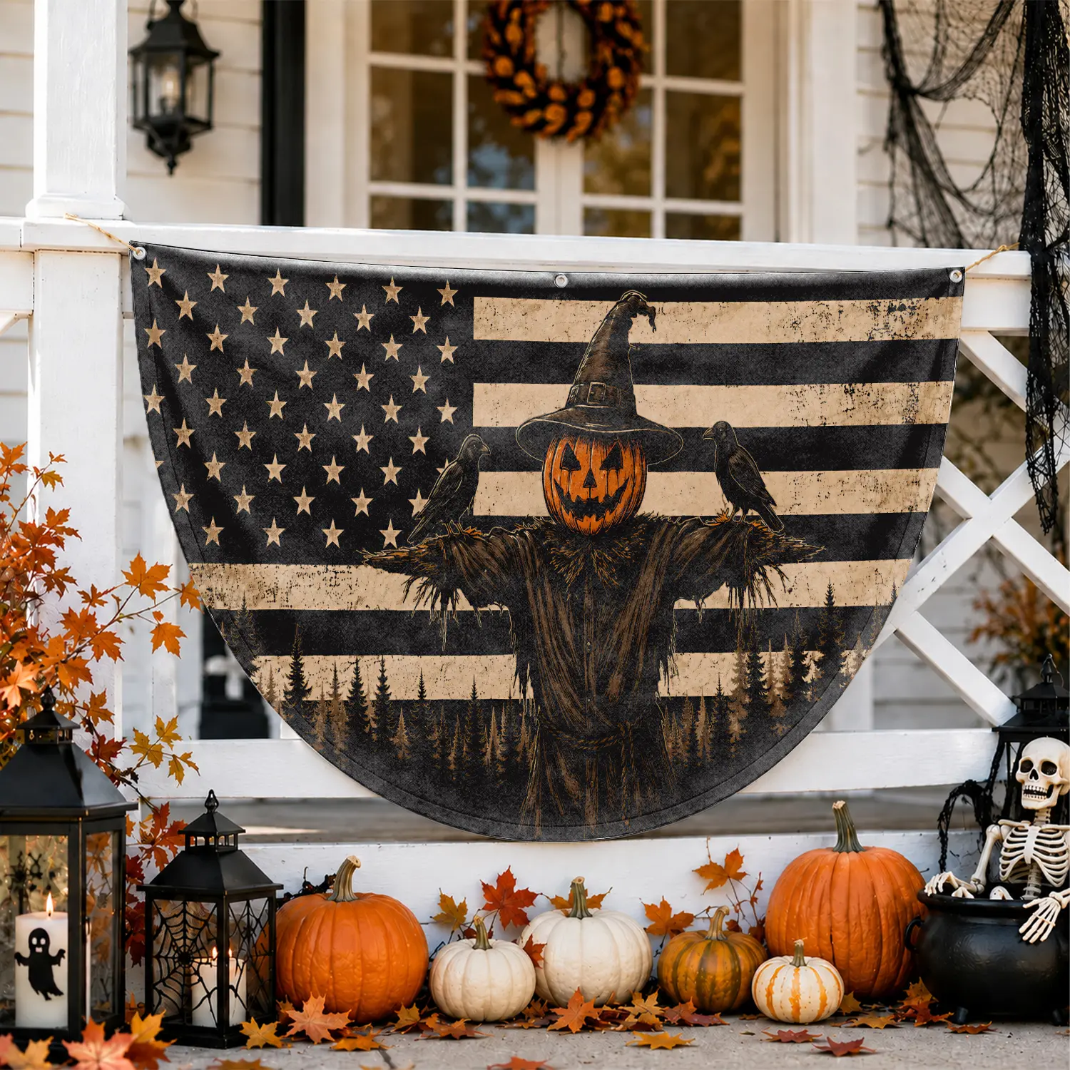 Halloween American Flag Pleated Bunting, Spooky Pumpkin Scarecrow and Crows USA Patriotic Half Fan Flag, Vintage Grungy Black and Beige Outdoor Porch Decor, Halloween Party Banner