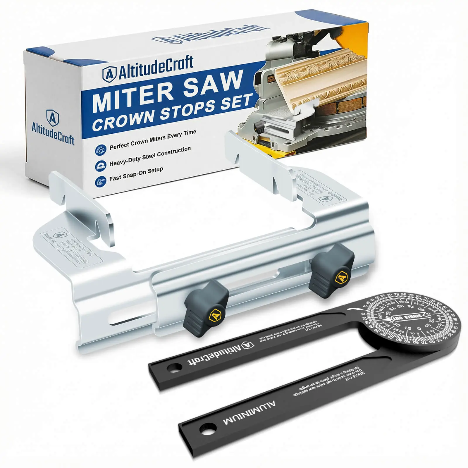 AltitudeCraft Miter Saw Crown Stops & 360° Aluminum Protractor Set, Crown Molding Jig Compatible with DEWALT DW703 DW706 DW715 DW716 DW718 DWS780, Precision Angle Finder Tool Kit for Trim Work & Carpentry