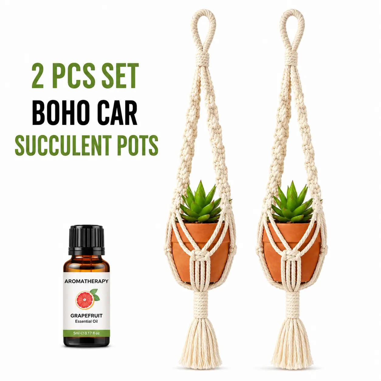 2-Piece Boho Style Macrame Cord Hanging Flower Pots Set with Essential Oil, Artificial Succulents, Car Accessory for Car Mirror, Home Decor Decorated Hanging Supplies, Car Interior Decoration, Car Ornaments