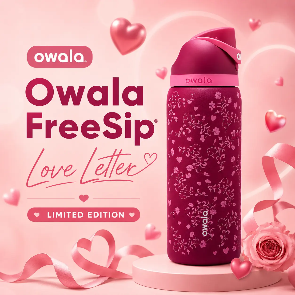 Owala FreeSip Love Letter 32 oz Insulated Stainless Steel Water Bottle – Floral Heart Design, Built-In Straw, Leak-Resistant Lid & Carry Loop