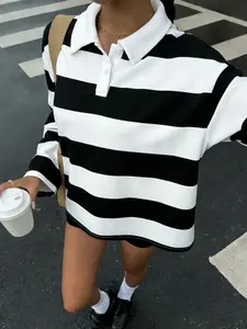 Women's Oversized Black & White Striped Polo Shirt, Casual Long-sleeve Polo Neck Knit Collared Top, Y2K Streetwear Style, Perfect for Daily Street Outings & Coffee Dates