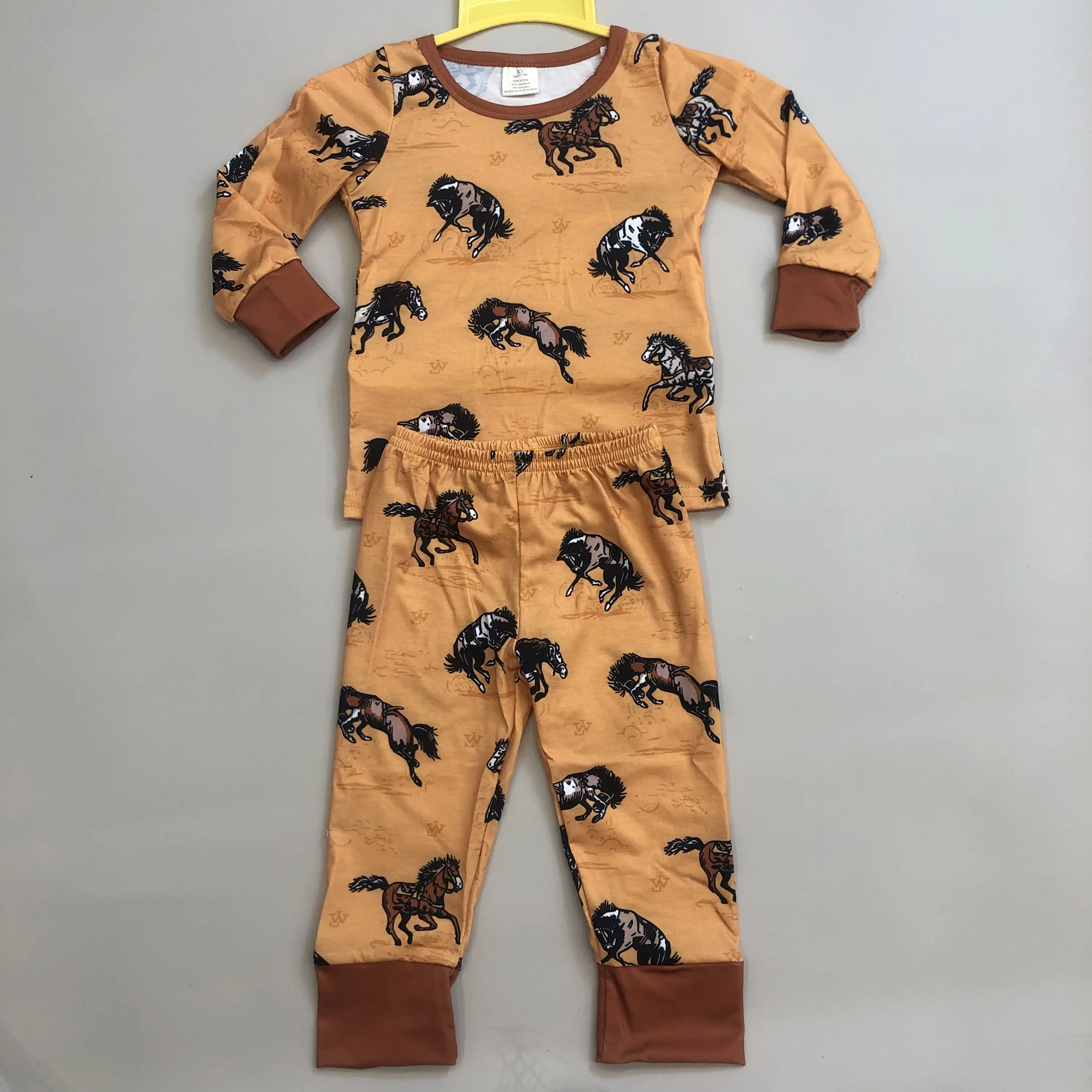 Boys' Winter Loose-Fit Ruffled Edge Pajamas, Western Horse-Print Kids' Sleepwear Clothes, Style BLP0899