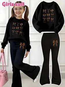 Girls' Leopard Bow Print 2-Piece Set, Casual Sportswear Joggers & Sweatshirt, Elastic Waist Pants, Kids Fashion, Fine Girls Outfit