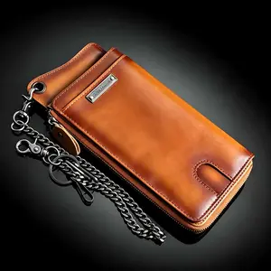 Trucker Mens Long Biker Purse Retro Genuine Leather Wallet With Chain Black