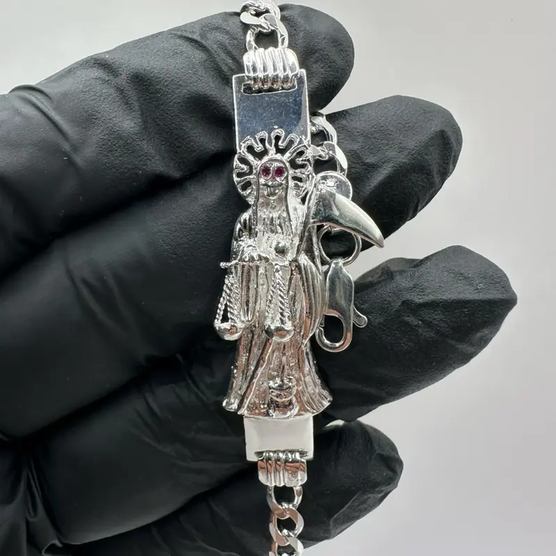 Mexican 925 Silver Santa Muerte Bracelet – Protector Skeleton Charm, Handcrafted, Good Luck