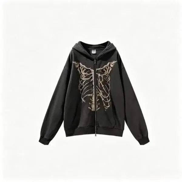 Gothic Ribcage Skeleton Print Zip-Up Hoodie, Vintage Washed Y2K Oversized Grunge Streetwear Alt Style Hooded Jacket for Women, Long Sleeve Casual All-Season Coat
