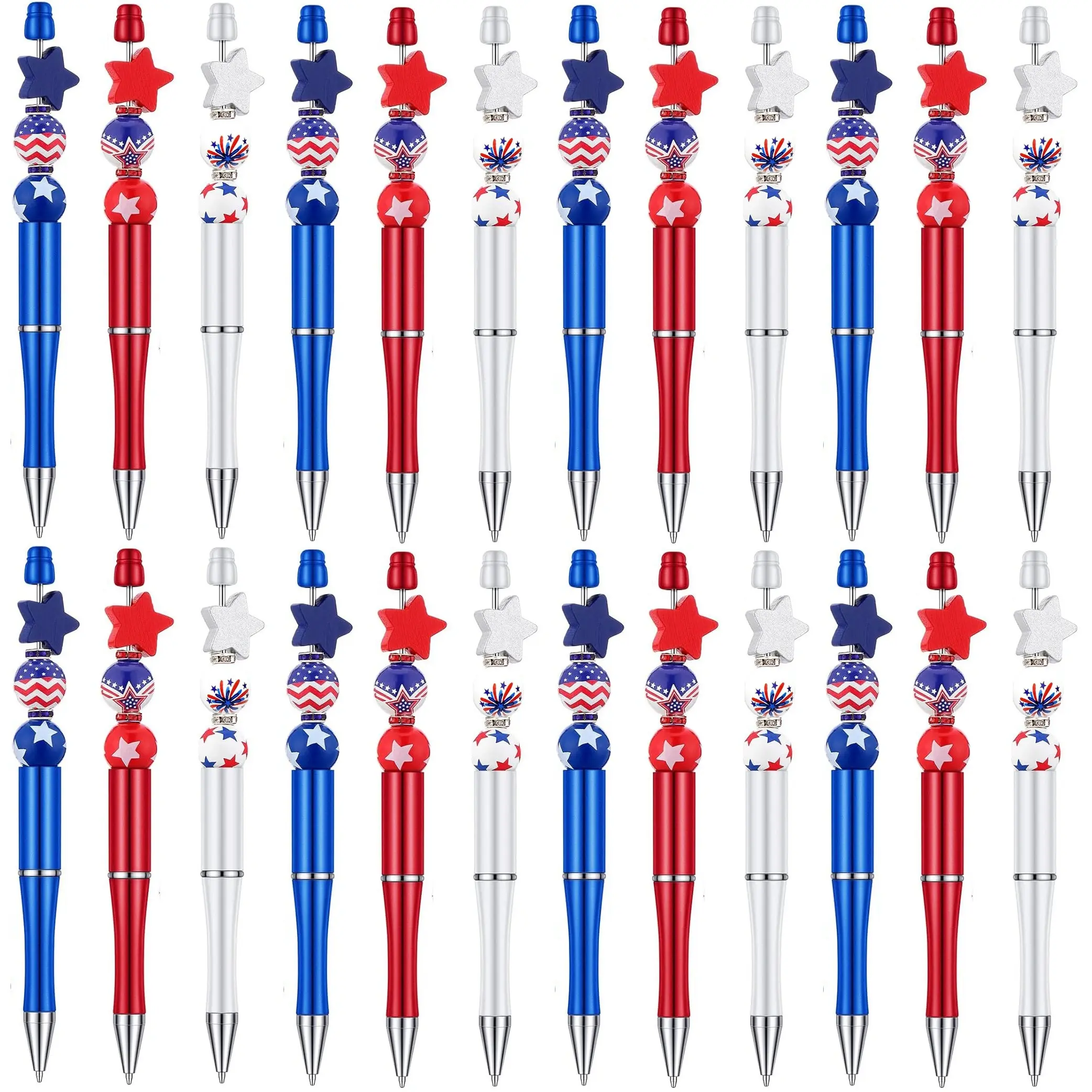 Patriotic American Flag Beaded Ballpoint Pens - 50 Pens, 15cm/5.5in, 3 Colors, High-Quality Plastic, Smooth Writing, 50 Ink Refills, Easy to Assemble, Independence Day Office Stationery, DIY Craft Projects Gift Making Supply, 3 Different Colors