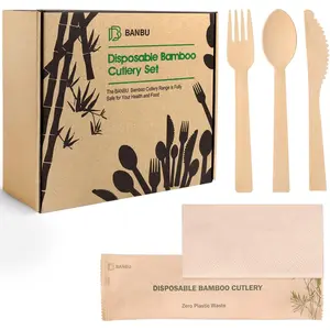 58-Pack Individually Wrapped Disposable Bamboo Cutlery Travel Set – Compostable, Biodegradable Forks, Knives, Spoons, and Napkins
