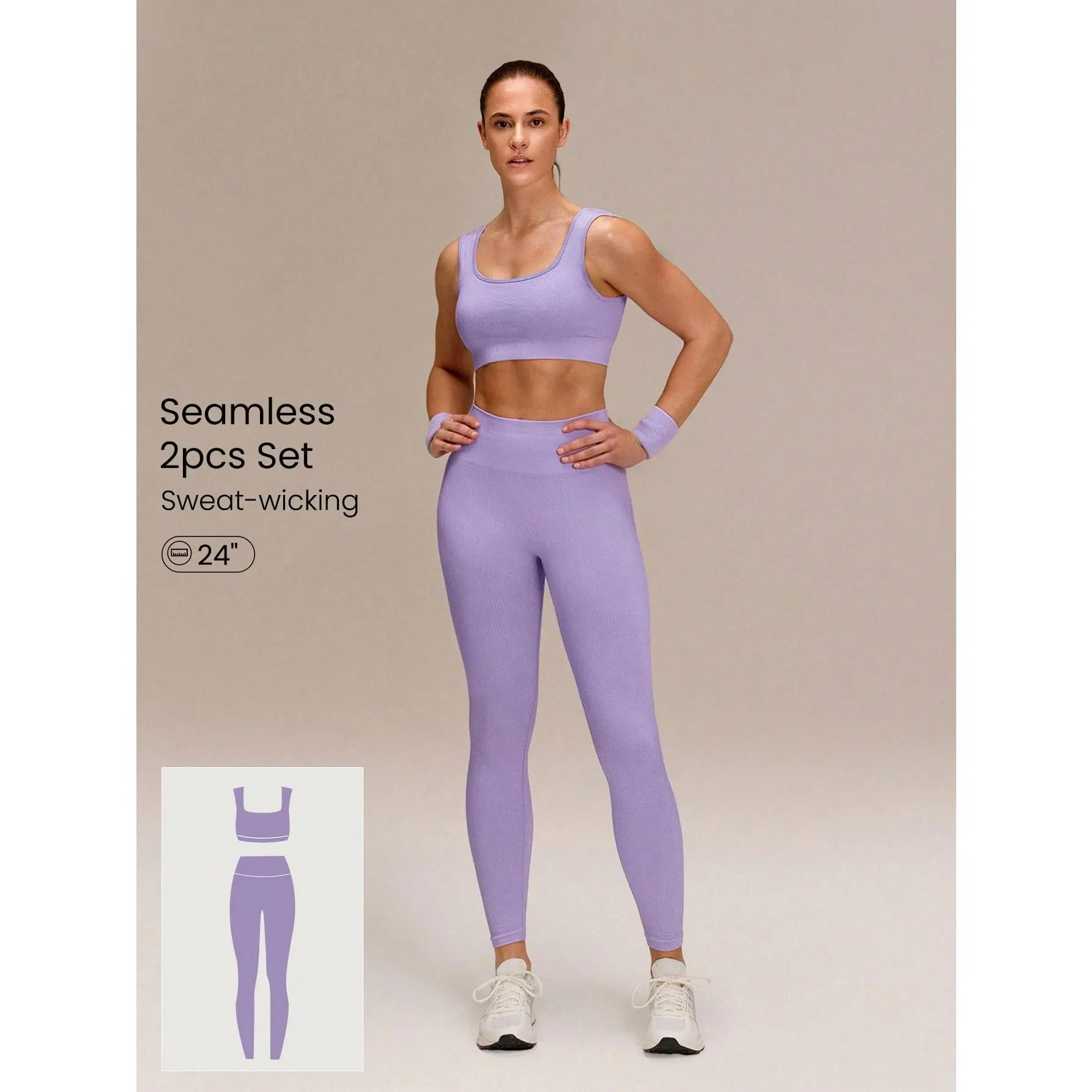 GLOWMODE Ultrafine Soft Seamless Square Neckline Removable Cups Ribbed Underbust Sports Bra & 24" Scrunch Butt Lifting Leggings Set Training Running Workout Gym Wear