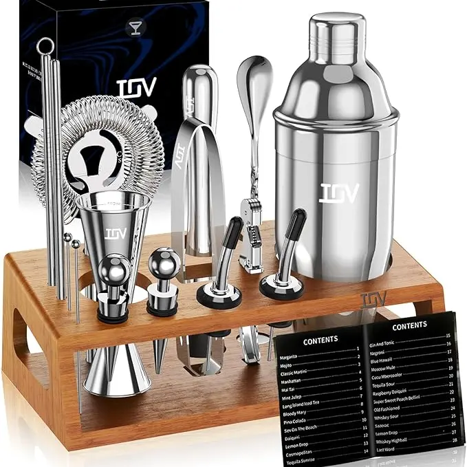 IOV 17-Pc Bar Kit - Premium Dishwasher-Safe Bartender Utensils Gift Set with 18oz & 28oz Shakers, Muddler, Bamboo Stand (Stands Keep Tools Tidy), Recipe Book for Home Bars, Party Hosting