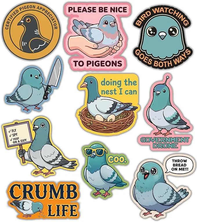 10pcs-Pigeon Stickers Pigeon Be Nice to Pigeon Sticker Bird Watching Meme Funyn Bird Quote Decals Urban Pigeon Aesthetic Vinyl Stickers for Laptop Water Bottle Journal Kindle Phonecase
