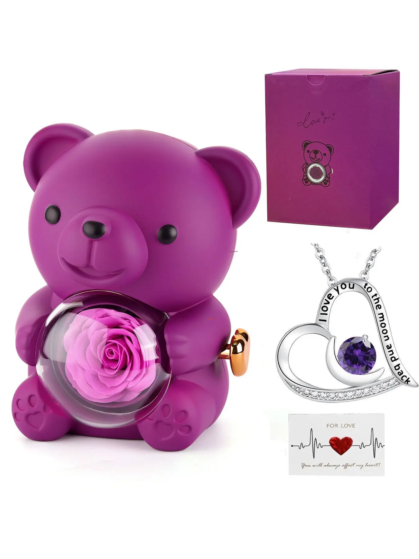 Romantic Teddy Bear with Preserved Rose and Heart Moon Necklace, Heart Shaped Necklace, Elegant Gift Box, Perfect for Women, Ideal for Various Occasions, Versatile Gift, Exquisite Jewelry Gift