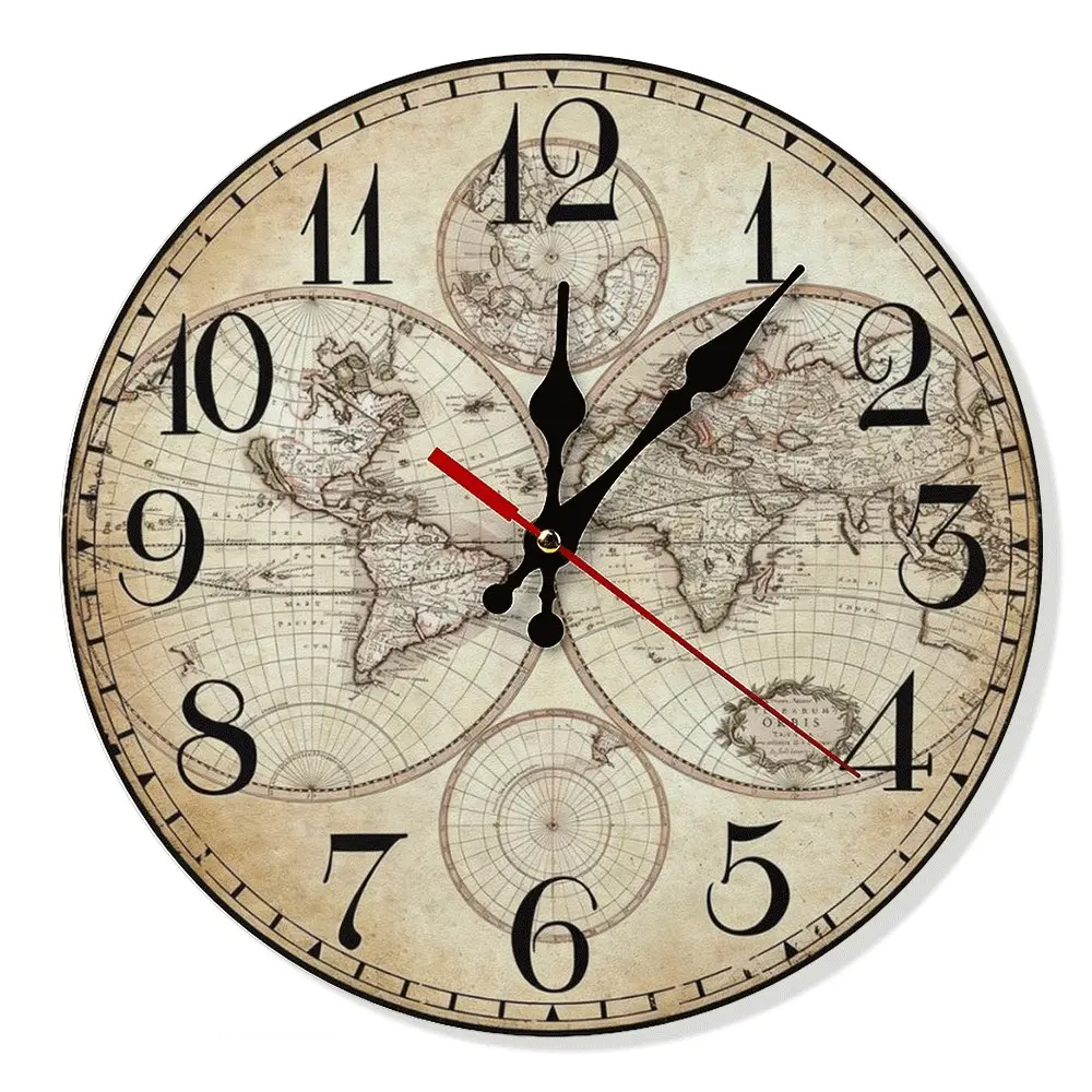10/12Inch Wooden Wall Clock Globe World Map Retro Vintage Rustic Wall Clocks Silent Non Ticking Clock Decorative for Kitchen Farmhouse Hotel