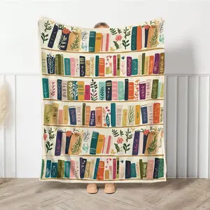 Vintage Bookshelf Library Throw Blanket, Cottagecore Book Wildlowers Blanket Gift For Book Lover Library Gift Floral Bookish Gift For Reader