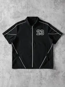 Men's Short Sleeve Zipper Cardigan, Number 23 Print Geometric Lines, Simple Sporty Fitted Style, Daily Casual Wear Essential Jackets