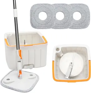 Mop and Bucket Set, Easy-to-use Spin Mop with Separate Dirty Water System, Deep-Cleaning Mops for Floors, Versatile Mops for Walls (4 Thick Mop Pads)