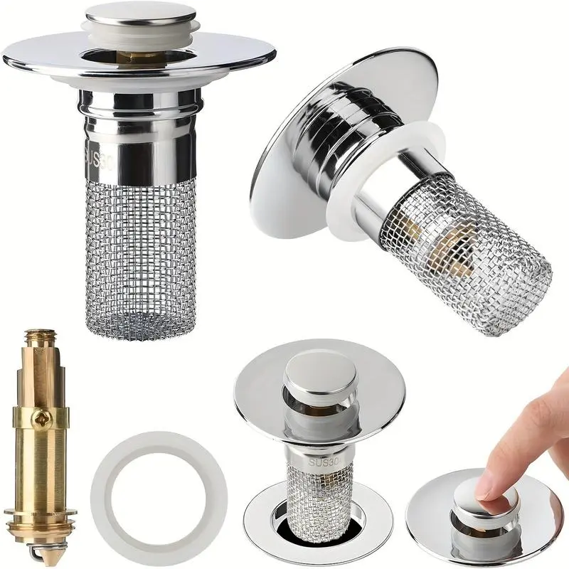 Stainless Steel Pop-Up Sink Drain Stopper with Brass Bouncing Core, Built-In Hair Filter Basket for Easy Cleaning, Multi-Size Universal Plug for Bathrooms