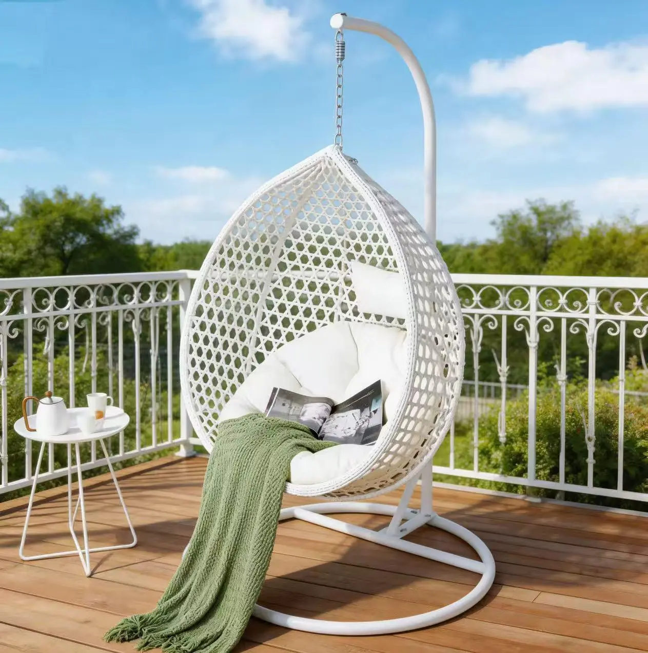Hanging Egg Chair with Cushions and Pillow Ergonomic Comfort Foldable Patio Chair with Handwoven PE Wicker Rust Proof Frame for Garden Porch Backyard Furniture