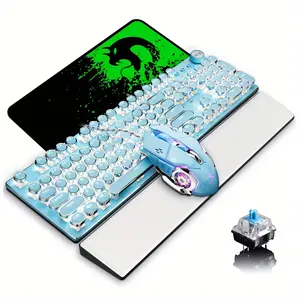 2024-NEW-Wired Mechanical Gaming Keyboard and Mouse with Keyboard Wrist Rest, Retro Steampunk Typewriter Backlit Keyboard Blue Switch, Memory Foam Wrist Rest Pain Relief Gaming Mouse for Gamer, Typist (Blue)