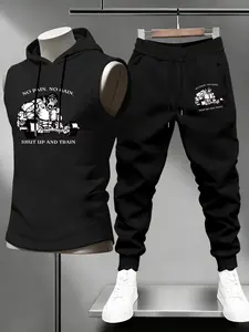 Men's Summer Barbell Fitness Print Set, Trendy Drawstring Sleeveless Hooded Tank Top & Soft Jogger Pants, Casual Sportswear