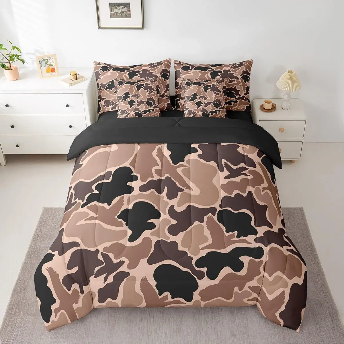 Feelyou Camouflage Duck Hunting Duvet Cover Sets - Farmhouse Brown Microfiber Bedding Set with Comforter, Sheets, Pillowcases, and Cushion Cover, Bedsheet Sets, Decorative Bedding Set