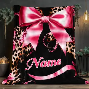 Custom Name Blanket, Mixed Colors, Leopard Print, Lightweight Flannel, Soft and Warm, Digital Printing, 200-250 g/ ㎡ Fashion Fantasy Theme Knitted Polyester Fabric with Bow for Home Decoration, Bedding, Travel, Camping, Living Room, Office, Sofa, Chair, a