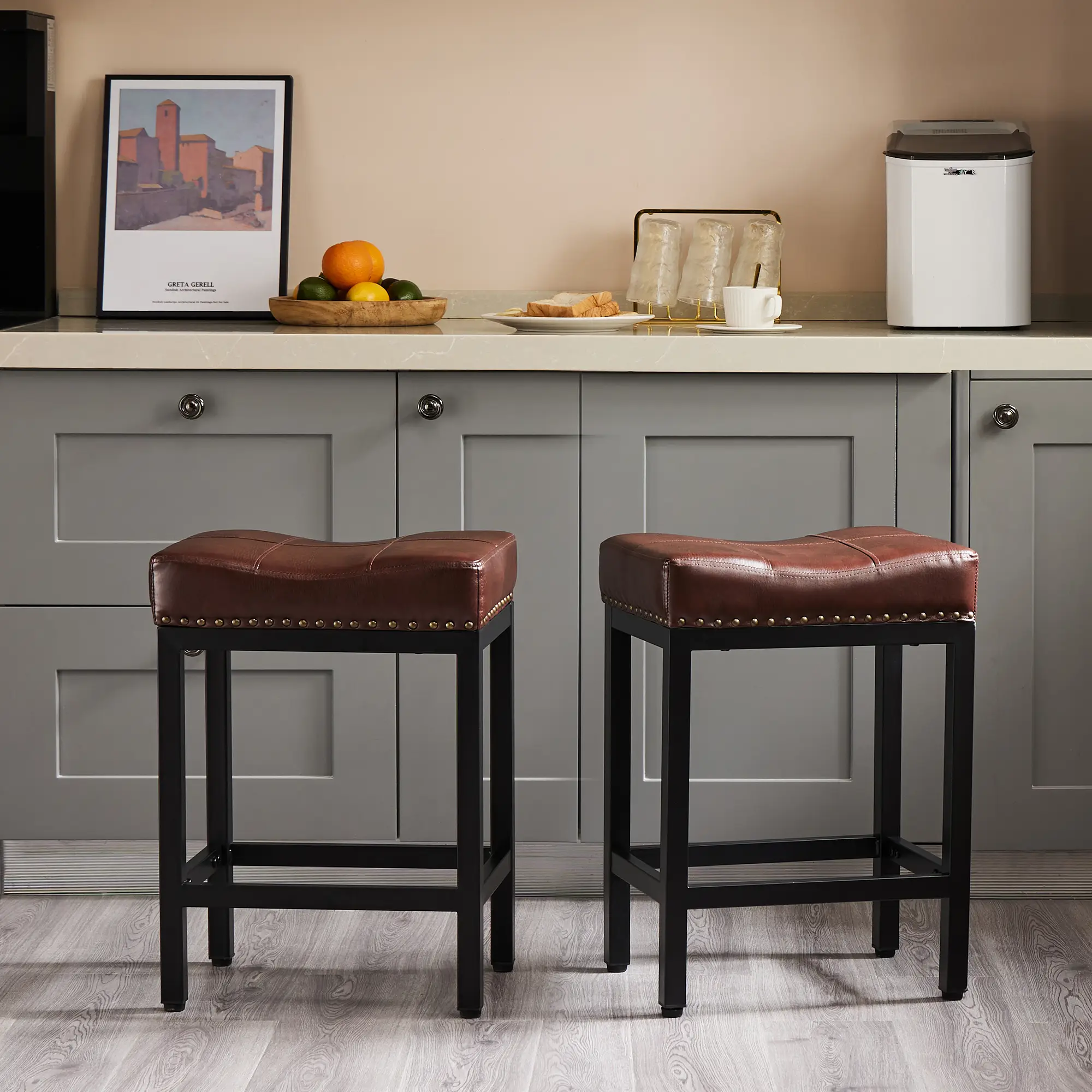 Bar Stools Set of 2, 24 inch Counter Height Bar Stools, Upholstered Modern Kitchen Barstools with Metal Base, PU Leather Saddle Stools for Kitchen