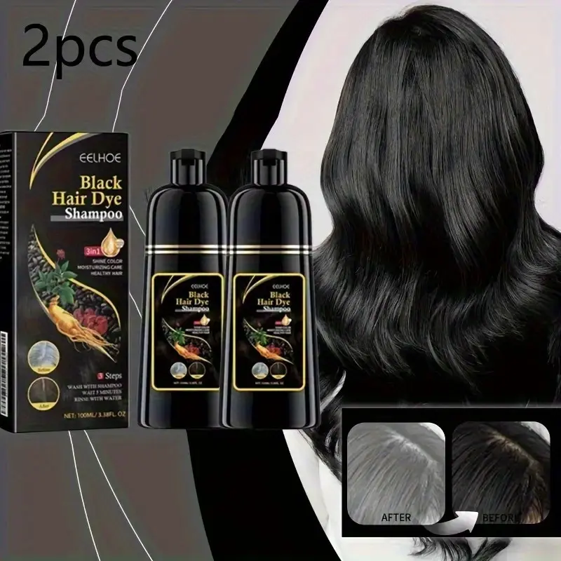 2 pieces of black hair dye shampoo, gently cleanses the scalp and moisturizes hair dye shampoo, made of natural plant pigments, safe for the scalp, easy to color, fast to cover white hair, Hair Coloring Eelhoe