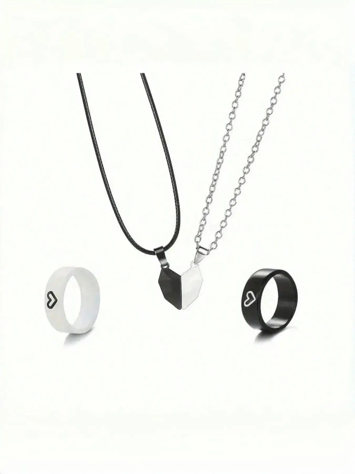 4pcs Set 2 Rings + 2 Necklaces, Minimalist Couple Jewelry, Matching Jewelry Set, Couples Jewelry Set, Fashion Heart Design, &, Perfect Gift for Best Friend & Lover, Jewellery Gift Set