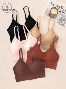 5 piece set of solid color women's bras, seamless bra, wireless, removable pads, adjustable straps, supportive and shaping, breathable comfy bra, everyday commute and casual wear, suitable for sports, yoga, and fitness, high-quality women's Underwear
