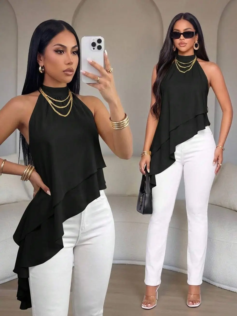 Women's Elegant Asymmetrical Ruffle Hem Halter Top Sleeveless Layered Blouse for Evening Outings