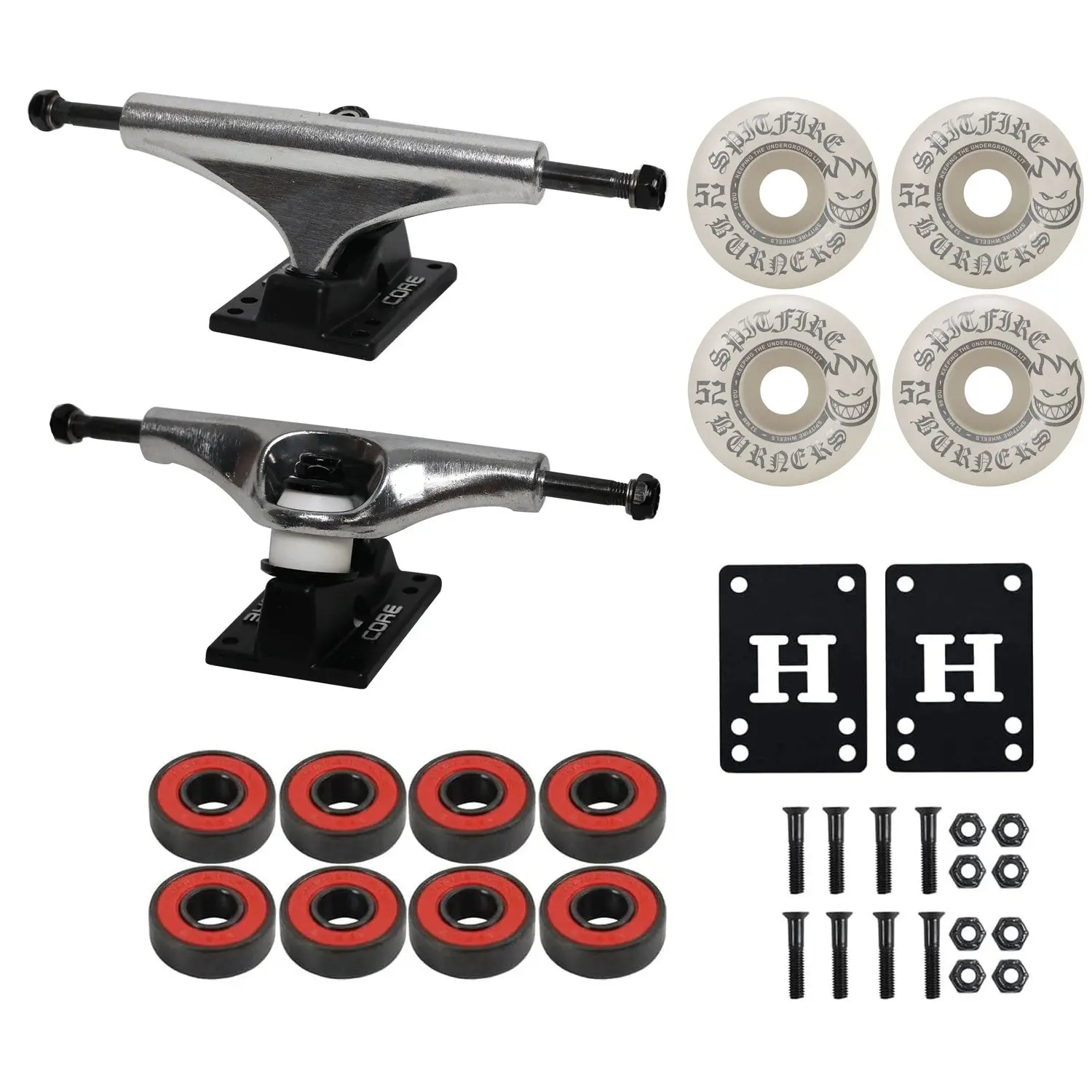 Core Hollow Skateboard Trucks 7.75" + 52mm Spitfire Burners Wheels, Abec 5 Bearings