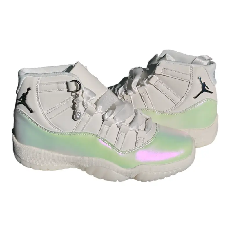Cream Shiny Holographic Leather Mid Cut Retro Shoes Pastel Iridescent Heel Satin Ribbon Laces Cushioned Outsole Street Basketball Casual Sneakers
