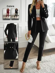 Women's Suit Set, Double-Breasted Button Herringbone Long Sleeve Blazer & Solid Color Pants, Elegant Office Wear, Comfortable Business Attire, Slim Fit