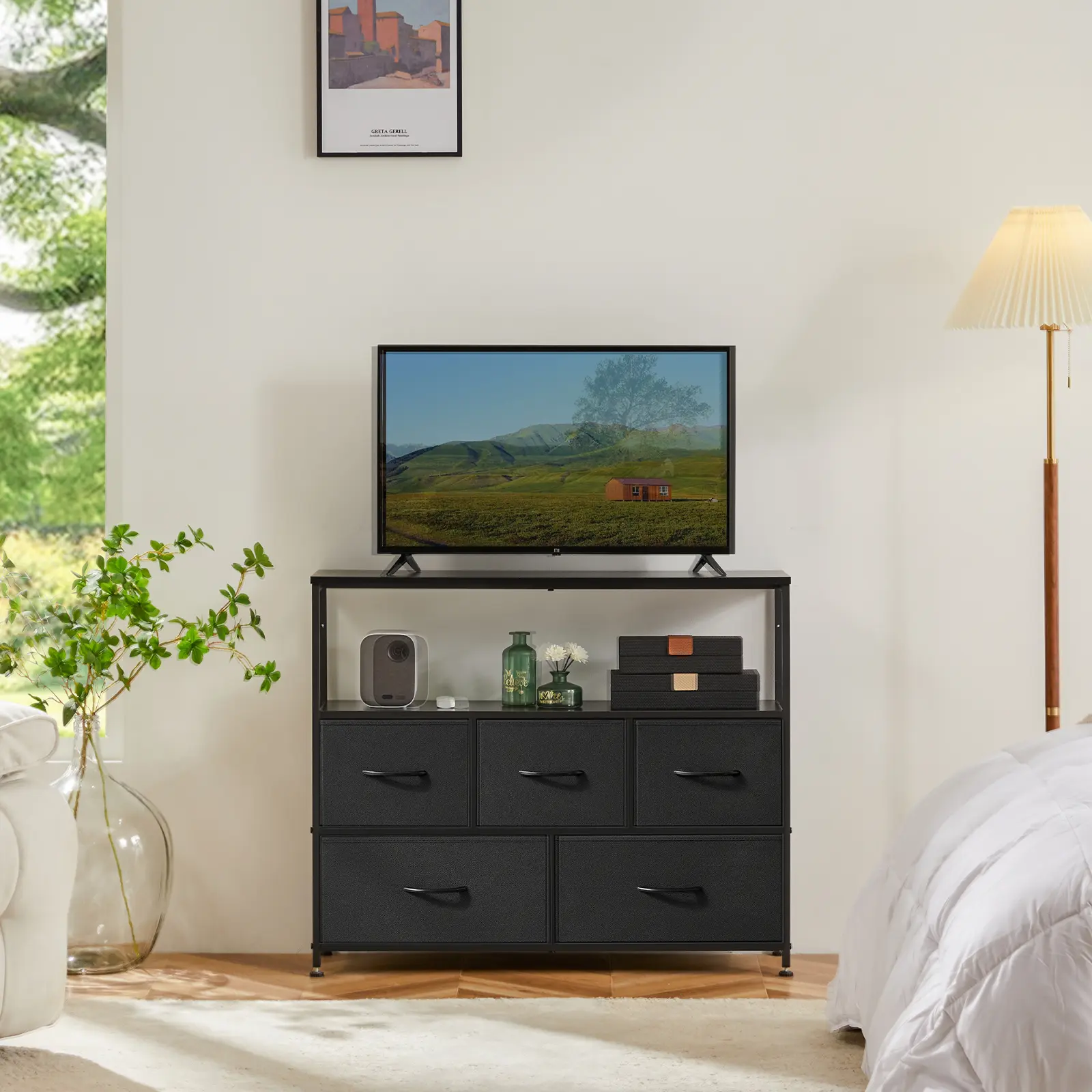 Cupboards Cabinets Entertainment Center with 5 Fabric Drawers, Media Console Table Storage Shelf for Bedroom/Living Room/Hallway, TV Stand