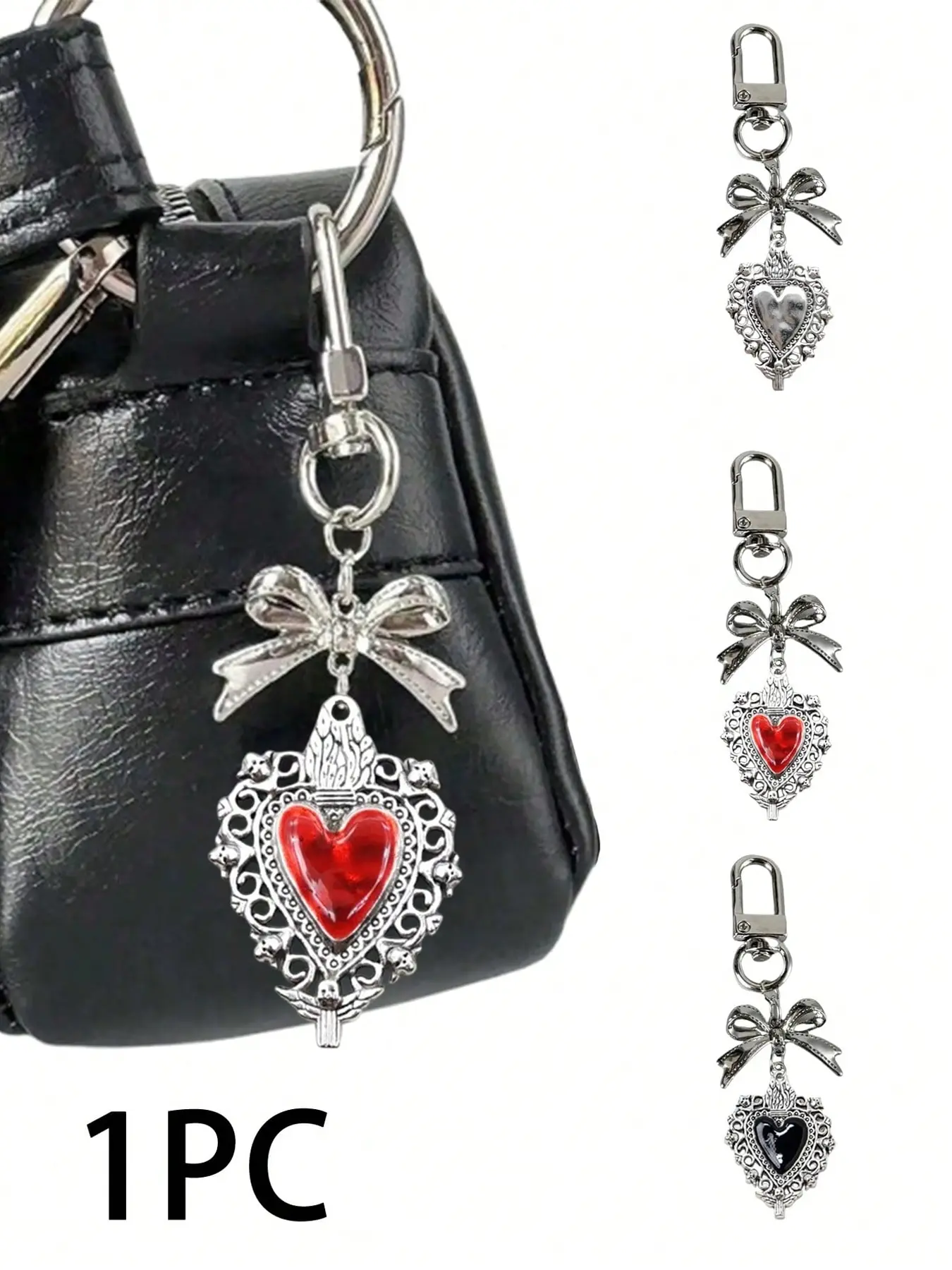 1PC Gothic Revival Vintage Bowknot Sacred Heart Pendant Keychain, Black, Silver, And Red Sweet Cool Style Bag Pendant Keyring, Cute Versatile Bag Charm, Vintage Heart Pendant Keychain, Zipper Decoration Accessories, For Bags, Car Keys, Earphone Cases