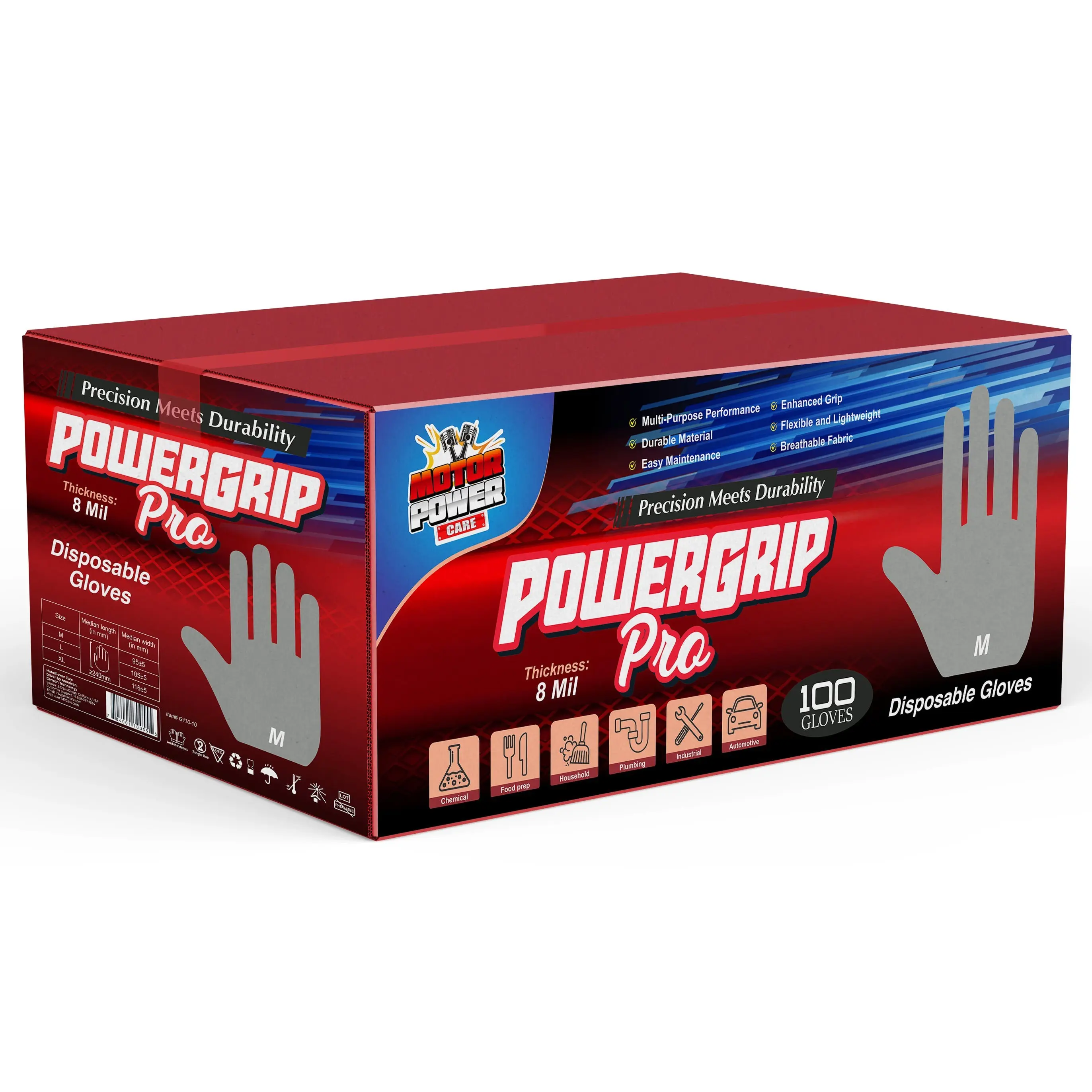 MotorPower Care Gloves 8 Mil Heavy-Duty Nitrile Gloves, 1,000 Count (10 Boxes) | Extra Thick, Industrial-Grade, Diamond Grip, Latex-Free, Waterproof, Multi-Purpose Work Gloves (M, L, XL)