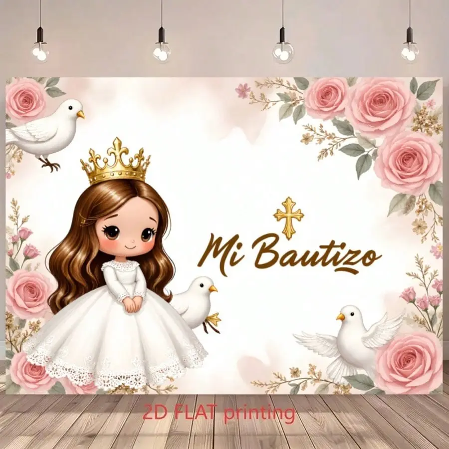 Spanish Baptism Theme 'mi Bautizo' Background Cloth, Polyester Material, Princess & Rose Design, Baby Girl Baptism Decoration, Banners, Backdrop Decoration, Decorative Banner, Bautizo Decorations