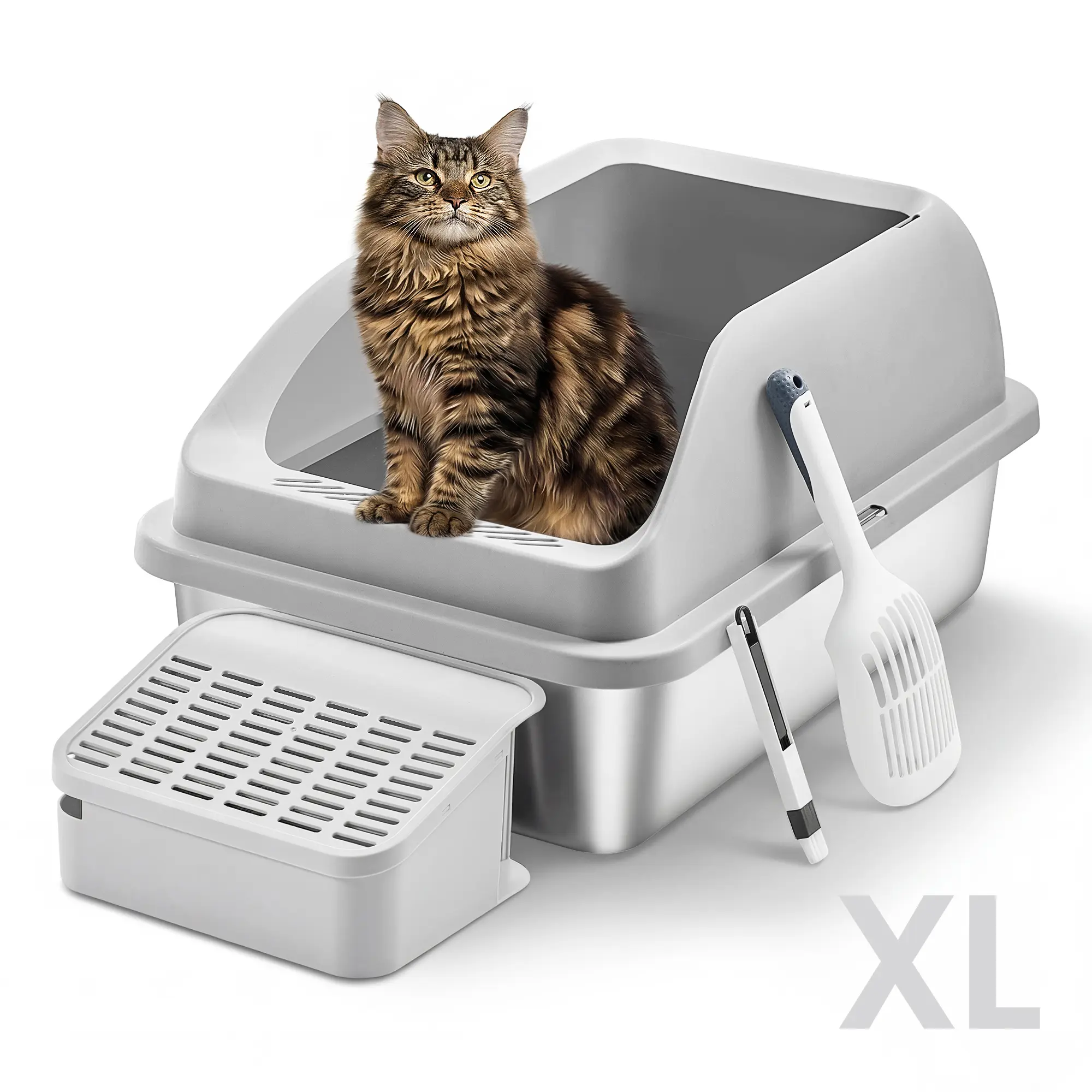 Feandrea Stainless Steel Cat Litter Box with Open Top, High Sided Litter Tray with Step, Scoop, Brush, for Cats up to 33 lb