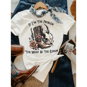 Western Cowgirl Style Graphic Print Women's TShirt Casual Crew Neck Short Sleeve Top for Spring and Summer with Cowgirl Print Design