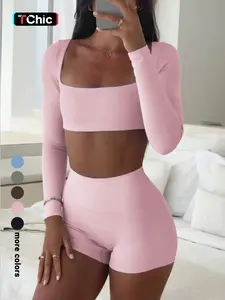 Women's Casual Sporty Long Sleeve Top & Shorts Set, Slim-Fit Thin Fabric for Fall Season, Comfortable Daily Wear Apparel, Sports Crop Top