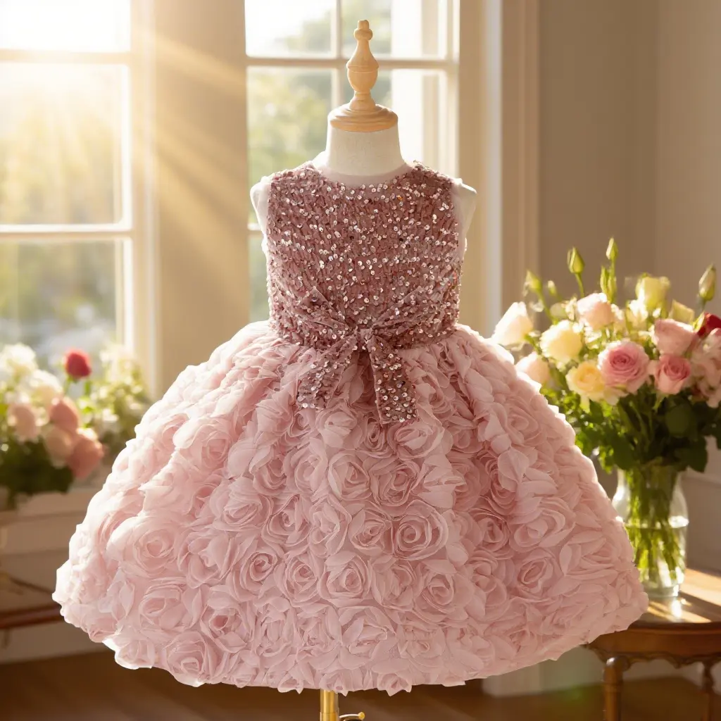 6055 Girls beautiful rose flower dress sequins high-end design elegant prom dress piano performance important festival dress